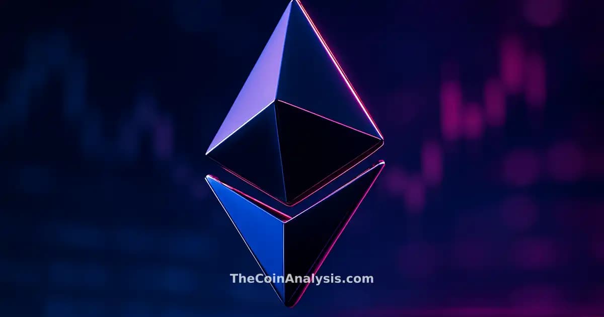 Symbole Ethereum 3D brillant en bleu nuit et magenta, éclairage dramatique, fond flou avec silhouettes de chandeliers.