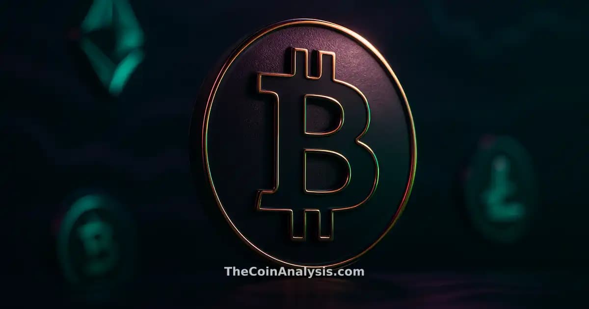 Pièce Bitcoin stylisée en 3D avec éclairage doré sur fond bleu marine et vagues de volatilité subtiles.