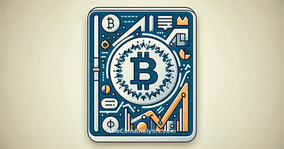 Carte moderne en verre avec pièce Bitcoin stylisée, graphiques de prix fluctuants et icônes macroéconomiques abstraites.