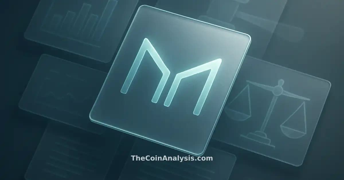 Isometric data visualization with frosted glass panels, holographic Maker symbol, abstract gavel, and scales of justice.