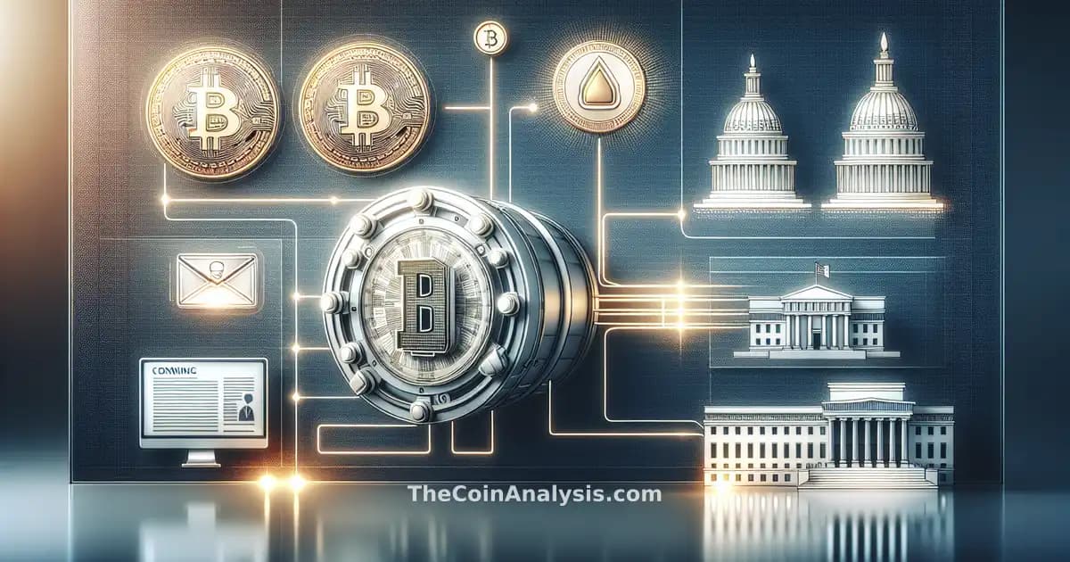 Digital infographic with a bank vault, Bitcoin and Ethereum coins, and federal building icons linked by glowing data lines.