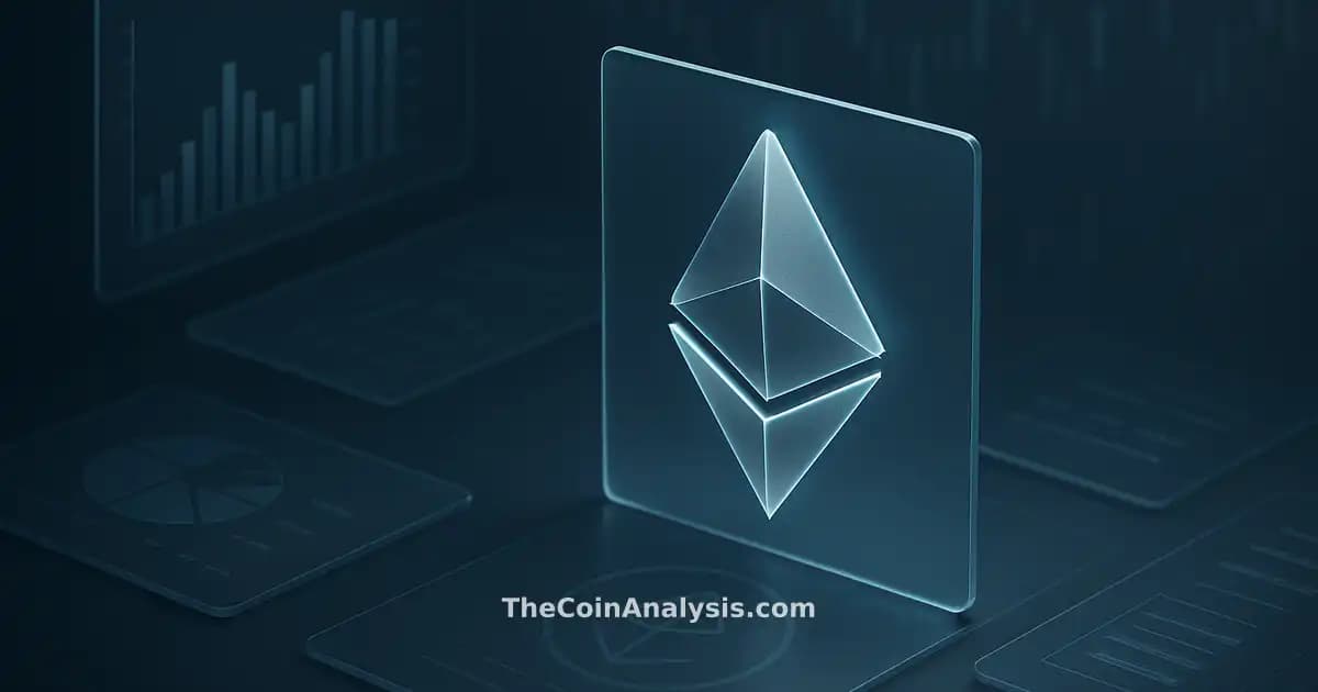 Isometric digital illustration of frosted glass Ethereum symbol with holographic glow over abstract market candles