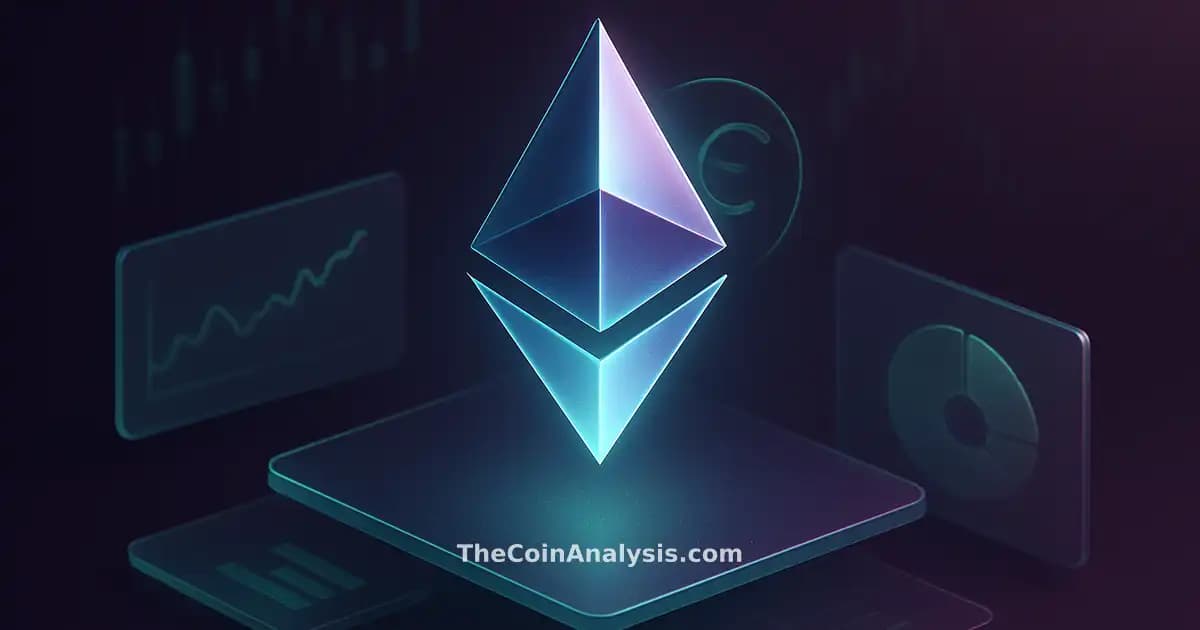 Isometric digital illustration of a glowing crystal Ethereum token with orbiting euro glyph and market candles.