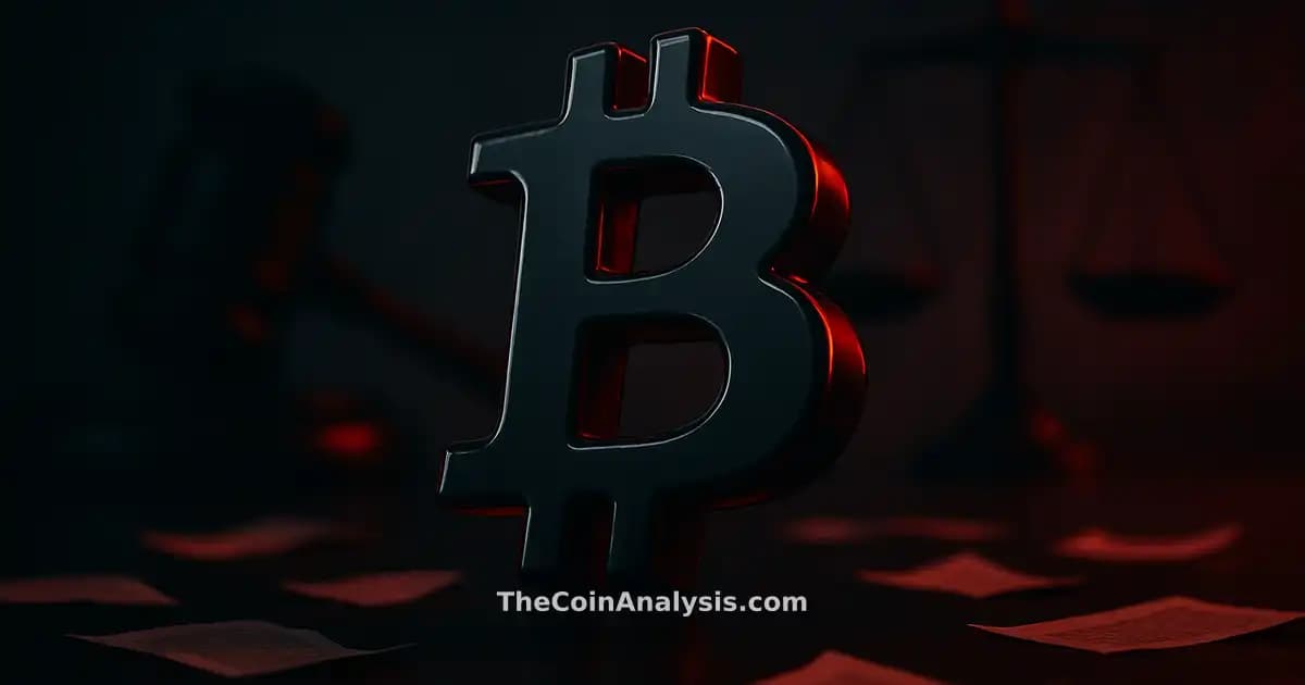 Glossy 3D Bitcoin symbol with abstract gavel and scales on dark background, scattered documents, dramatic lighting