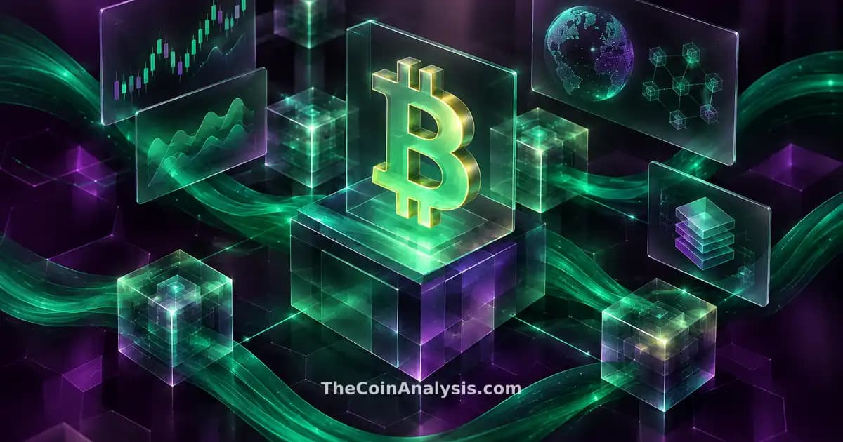 Isometric digital illustration featuring a stylized Bitcoin symbol amid floating frosted glass blocks and emerald data ribbons