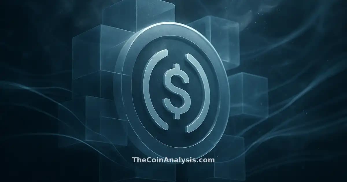 Stylized USD Coin symbol surrounded by translucent blocks, hex grid, and flowing data ribbons in slate grey and blue.