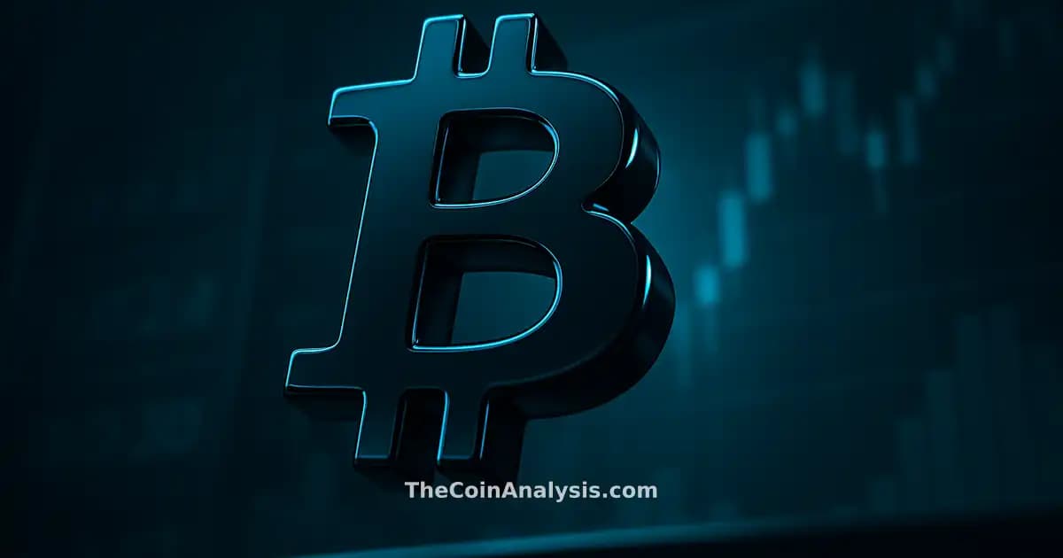 Symbole Bitcoin 3D brillant en contre-plongée, entouré de graphiques boursiers flous sur fond bleu électrique.