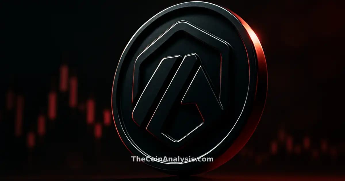Glyphe 3D brillant du token Arbitrum en éclairage dramatique, avec bougies de marché floues en arrière-plan.