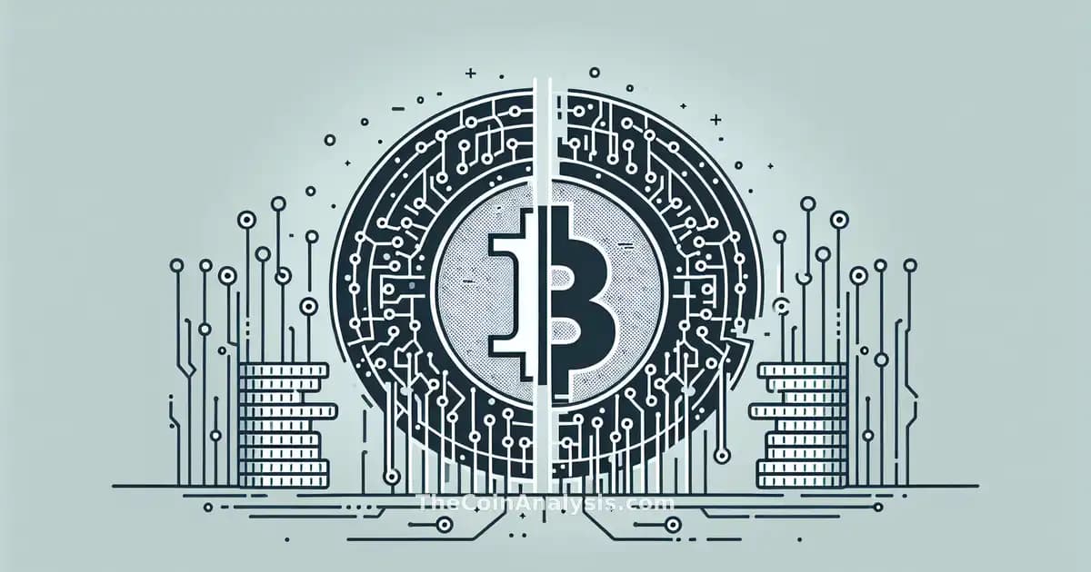 Minimalist illustration of cracked Coinbase logo with fading digital coins and AI circuit lines in background.