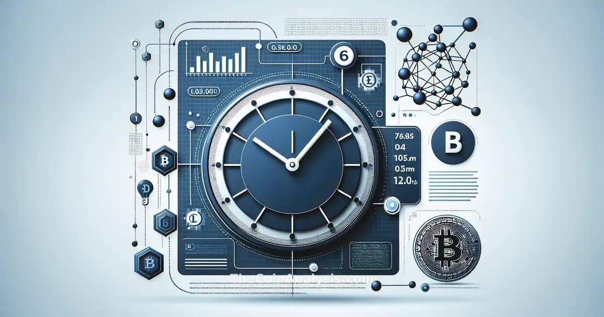 Digital infographic showing a Bitcoin coin, quantum computer symbols, and a digital countdown clock with network nodes.
