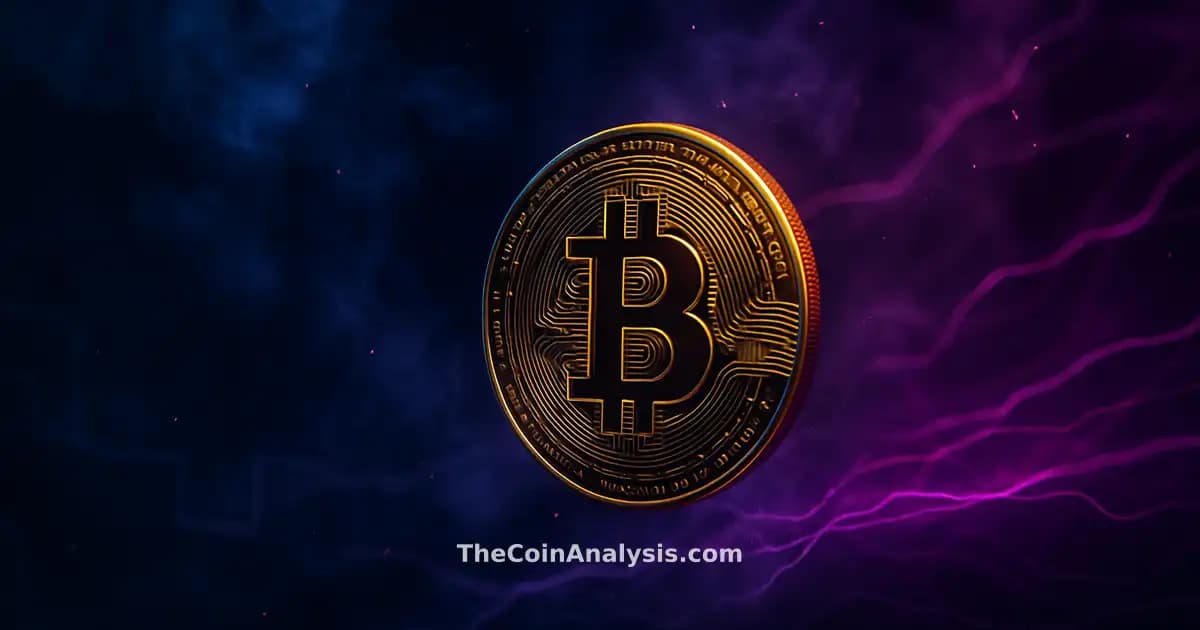 Stylized glowing Bitcoin coin with golden rim light amid abstract supply walls and swirling ETF energy flows.