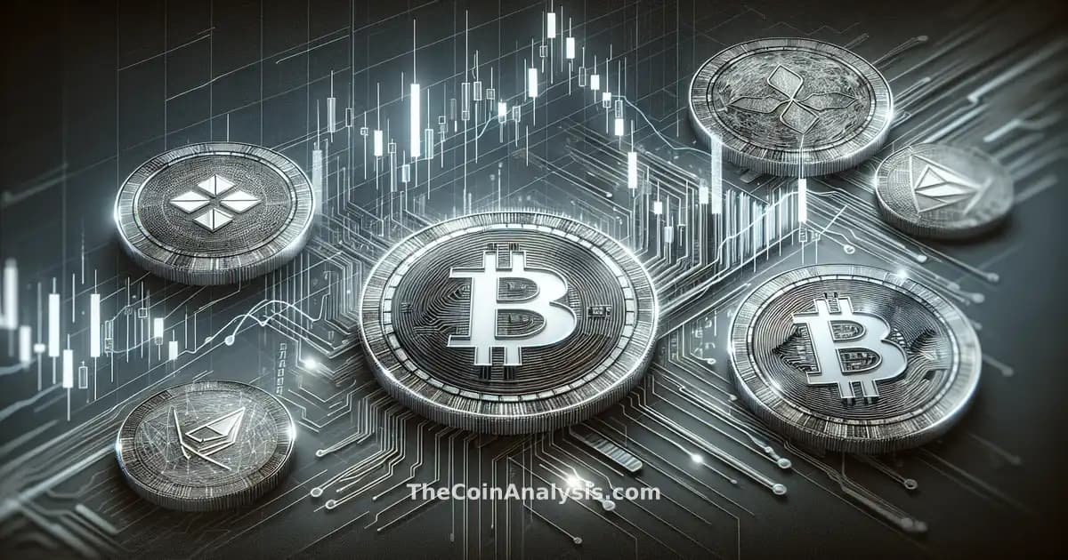 Digital illustration of grayscale digital coins overlaying rising stock market charts symbolizing crypto trading momentum