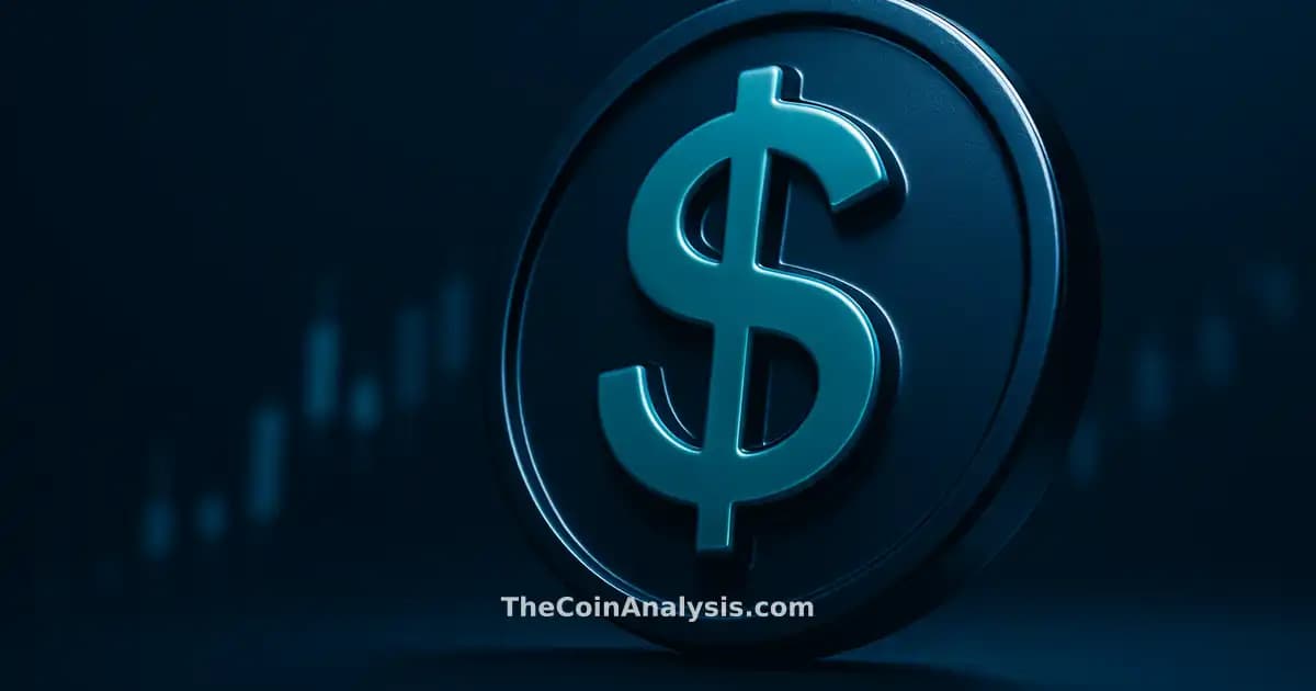 3D glossy MOVE token glyph with sharp rim light against deep navy background and faint market candles fading away