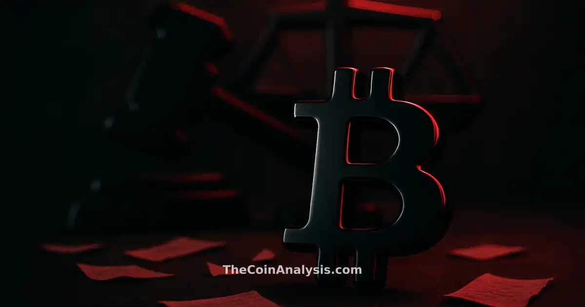 Stylized glossy Bitcoin symbol with fragmented gavel and scales of justice amid scattered documents on dark backdrop