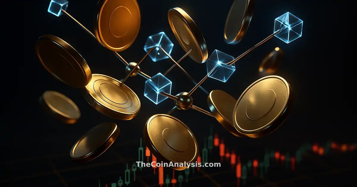 Glossy abstract coins and glowing blockchain nodes collide over a detailed candlestick trading chart with moody lighting.