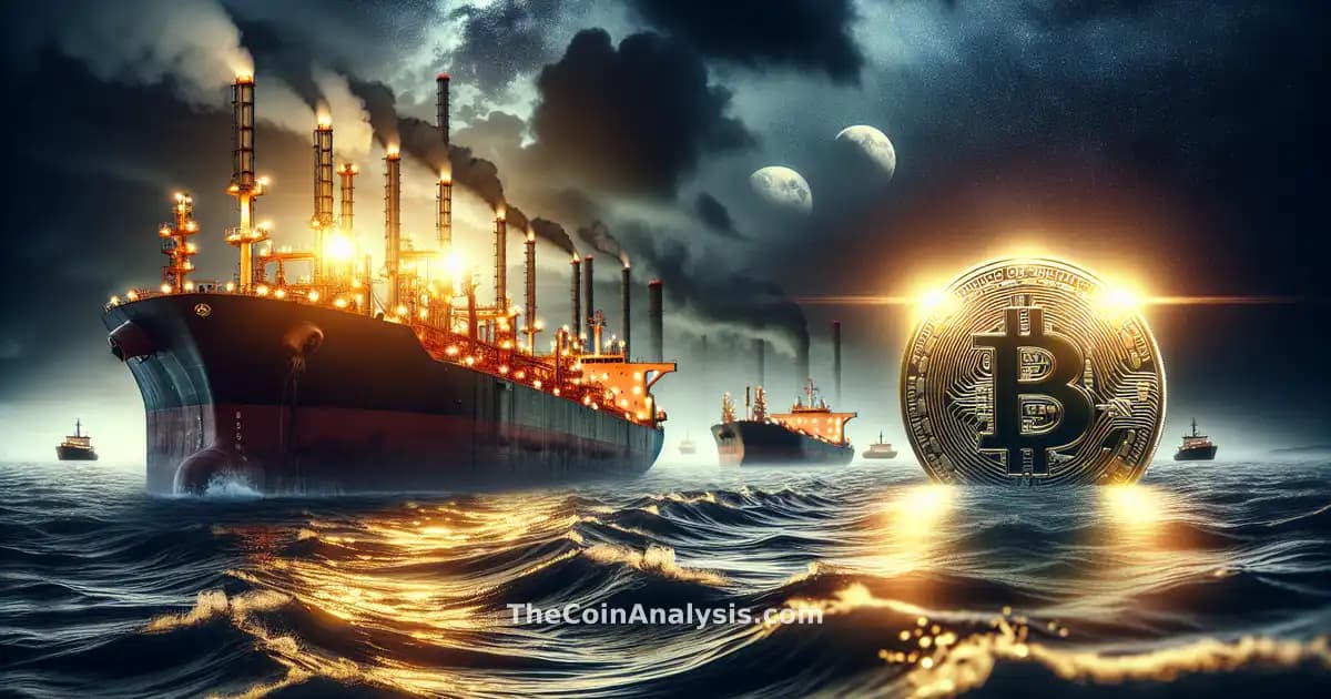 Turbulent ocean waves near oil tankers with a glowing Bitcoin coin overlaid in dramatic lighting