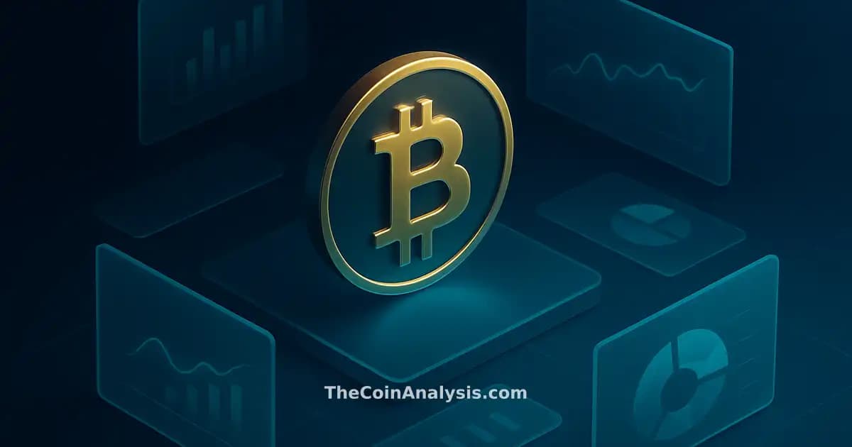 Pièce Bitcoin stylisée éclairée d’un halo doré, entourée de panneaux de données financiers isométriques sur fond bleu marine.