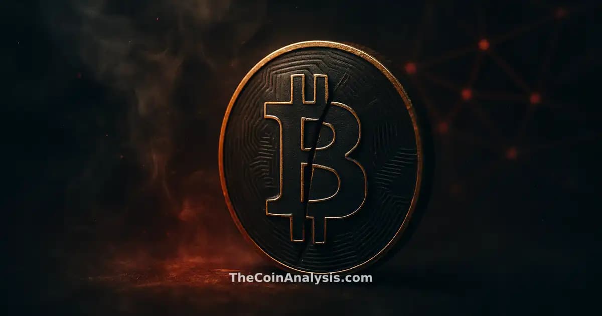 Pièce Bitcoin stylisée aux contours dorés, filaments lumineux rouges et fumée sur fond bleu marine profond.