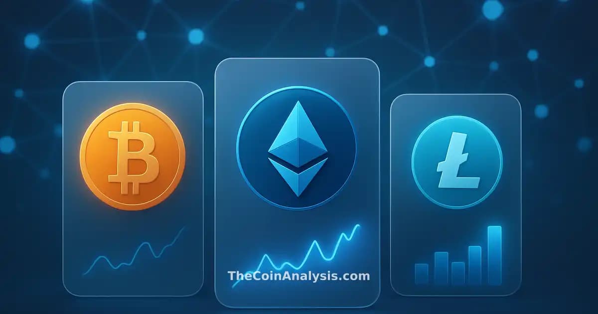 Illustration numérique de pièces cryptographiques flottantes, nœuds réseau et graphiques dynamiques lumineux.