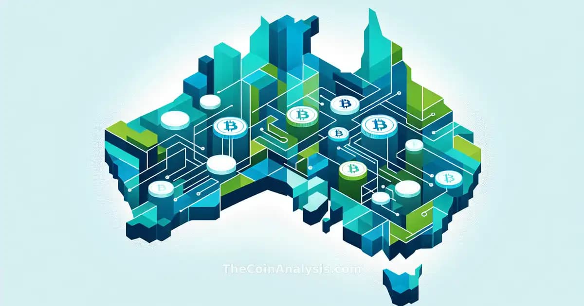Formes géométriques bleues et vertes symbolisant un flux numérique sur une carte stylisée de l’Australie.