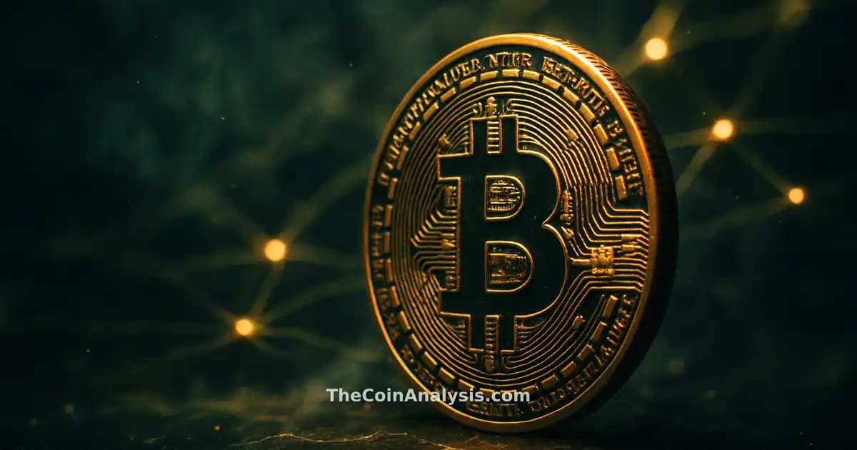 Pièce Bitcoin stylisée lumineuse sur fond bleu marine, filaments dorés et particules de fumée en ambiance cinématographique.