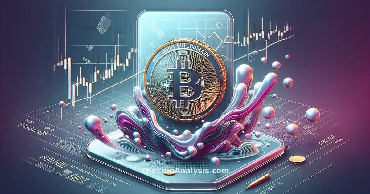 Glassmorphic card with descending Bitcoin coin, bearish red market chart, and abstract flowing liquid shapes on dark background