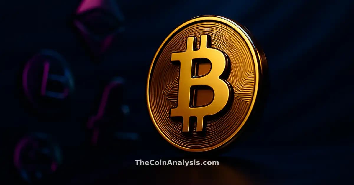 Glossy 3D golden Bitcoin coin with bold rim light against deep navy backdrop with subtle abstract waves and shadows