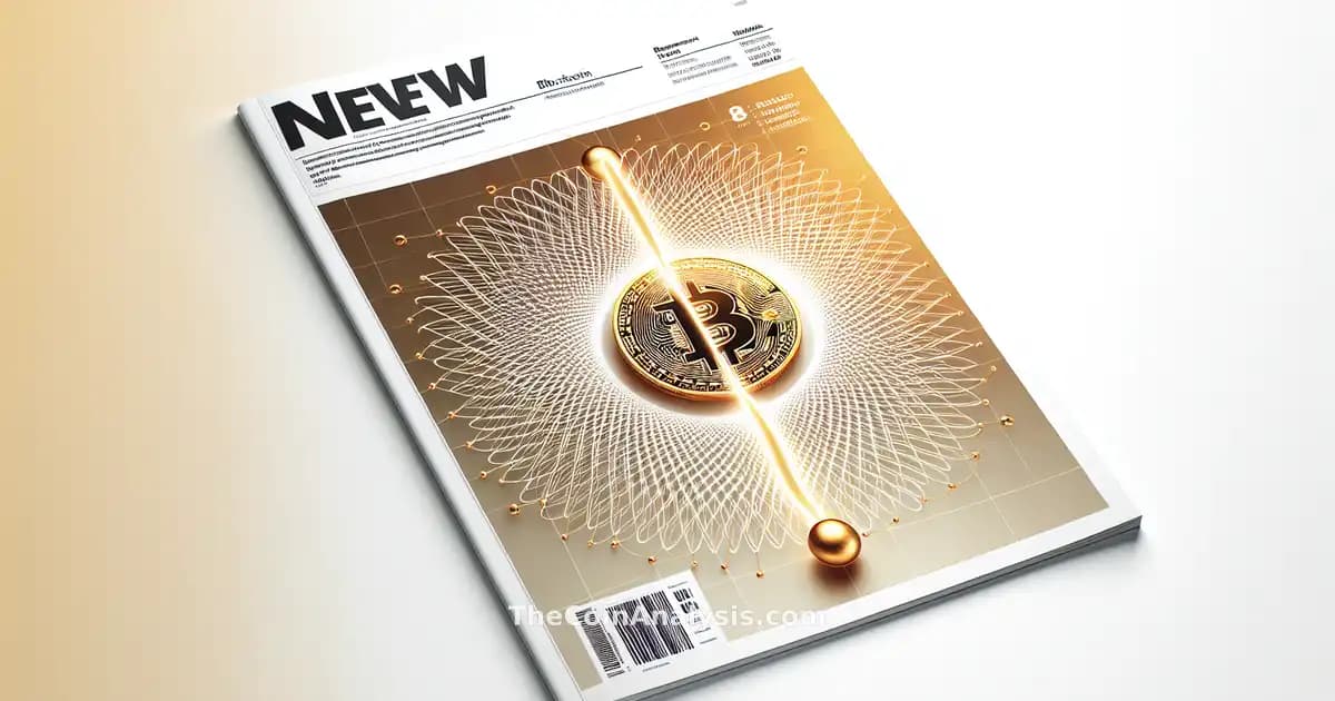 Stylized golden Bitcoin split by a glowing quantum wave over white background with subtle chain links.
