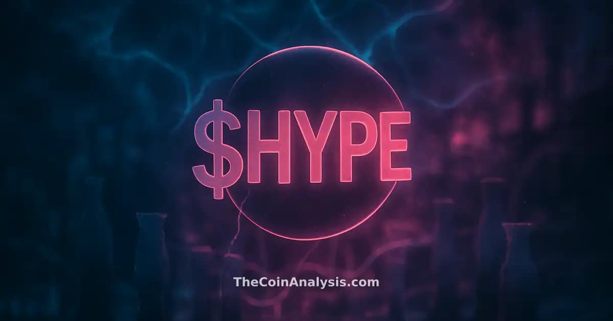 Symbole $HYPE stylisé entouré de chandeliers fracturés en verre dépoli, filaments lumineux et fumée abstraite.