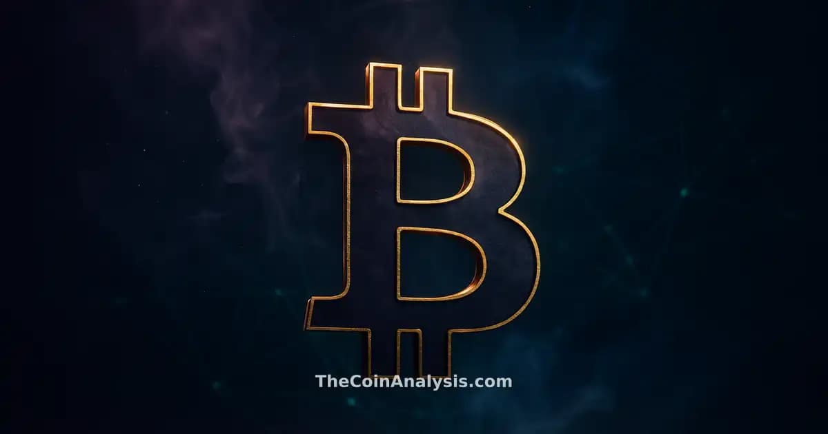 Symbole Bitcoin stylisé lumineux entouré de filaments réseau et particules remontant sur fond bleu nuit profond.