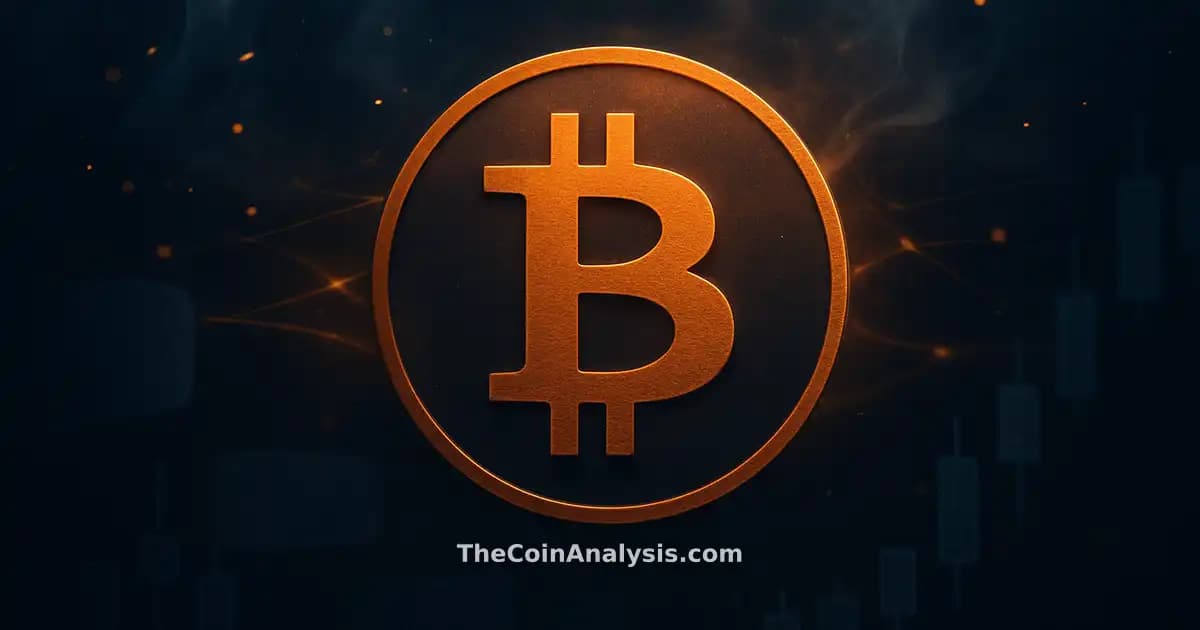 Stylized Bitcoin symbol glowing amid abstract trading floor elements, frosted tickers, and candlestick chart silhouettes.