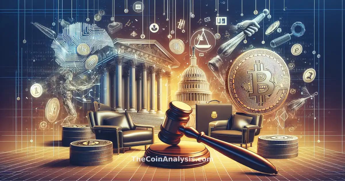 Graphique abstrait montrant symboles cryptos en conflit avec emblèmes du Sénat américain, tension visible.