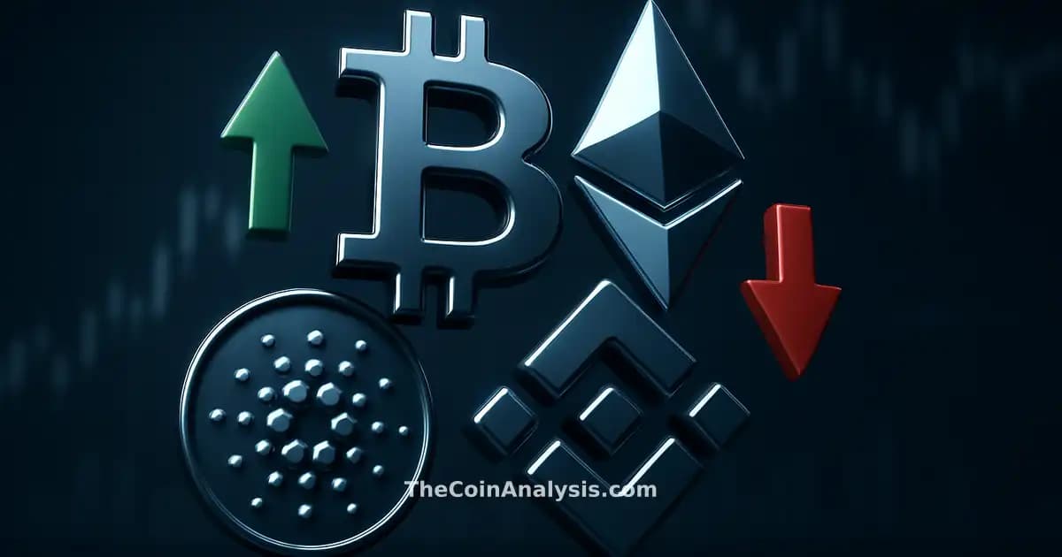 Glossy 3D crypto symbols clustered with green upward and red downward arrows over dark backdrop with candlestick charts