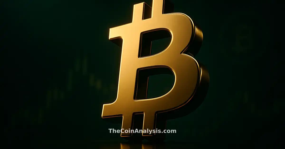 Glossy 3D Bitcoin symbol illuminated by rim light against dark green background with faint market candle silhouettes
