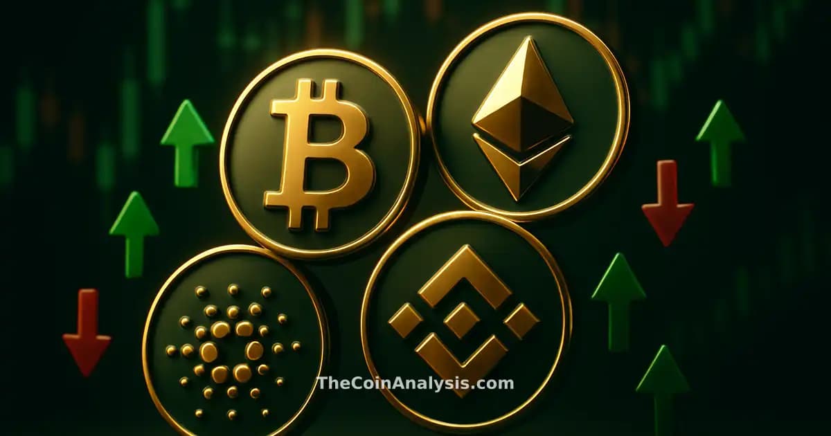 Glossy 3D crypto tokens surrounded by green upward and red downward arrows with blurred market candles background