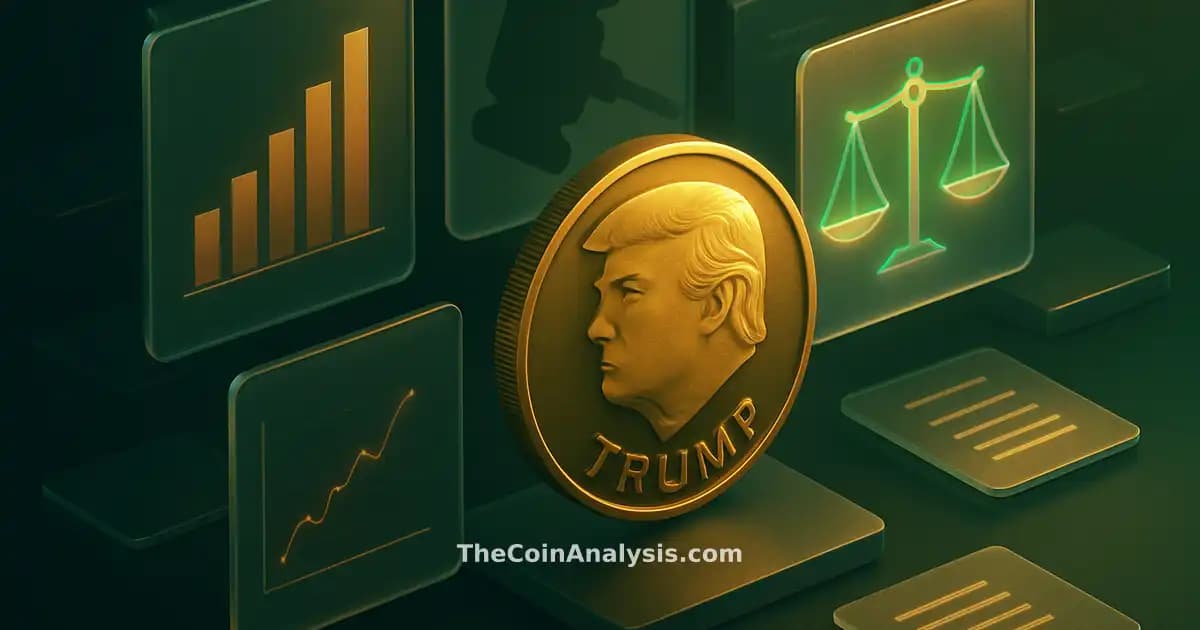 Pièce stylisée TRUMP en verre givré flottant, balances de justice géométriques et documents holographiques verts et dorés.