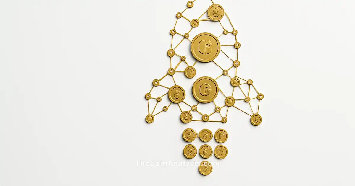 Abstract rocket silhouette composed of gold coins and blockchain nodes ascending on a white background.