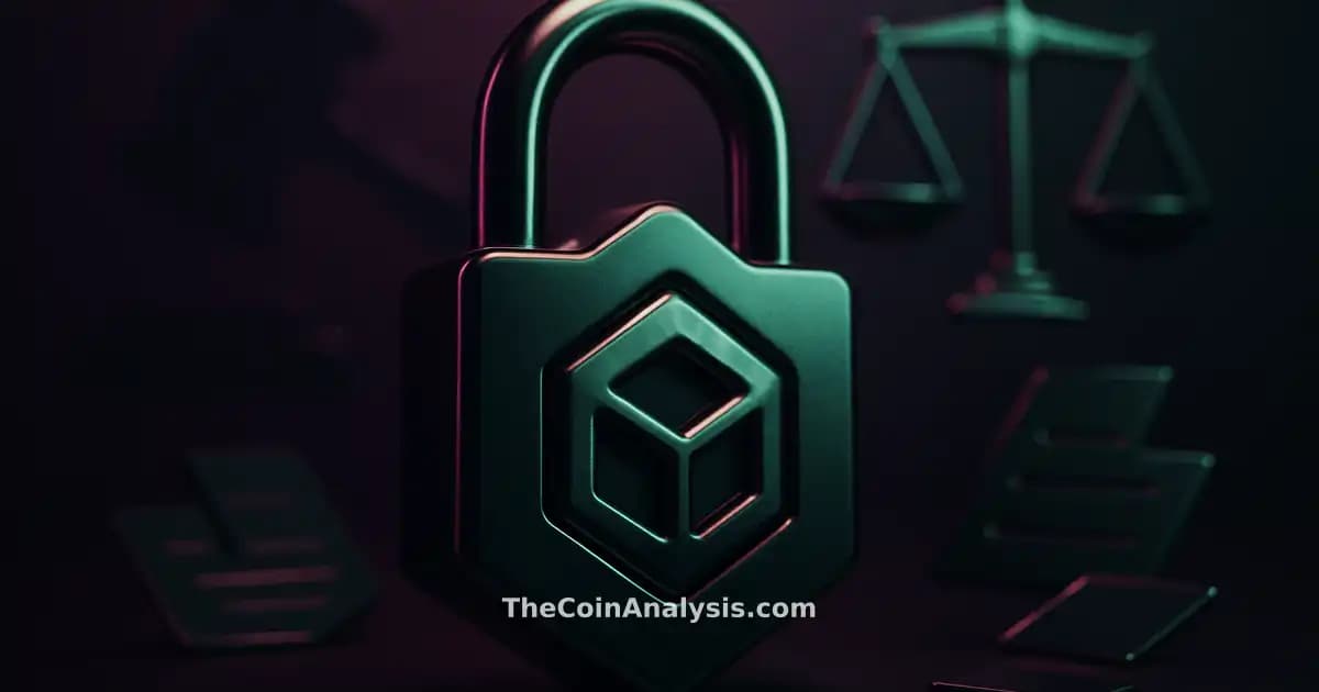 Verrou 3D stylisé fusionné avec un nœud blockchain, silhouette de marteau et balances de justice, documents fragmentés.