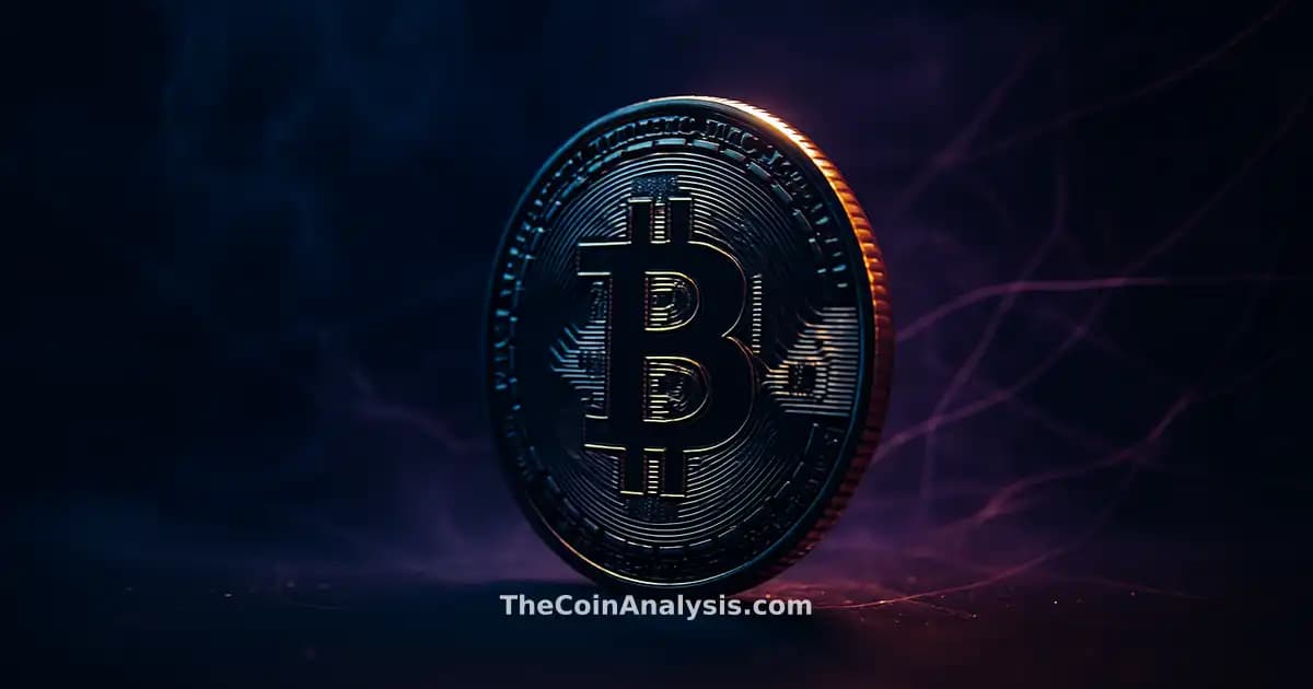 Golden Bitcoin coin illuminated by rim light, surrounded by glowing network filaments against a navy background