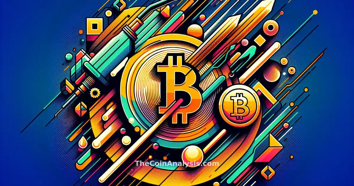 Abstract digital art showing Bitcoin symbol intertwined with oil barrels and jagged market graphs in bold colors