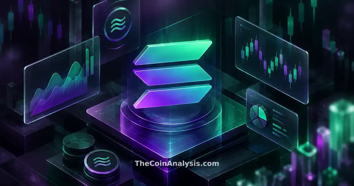 Isometric digital dashboard with stylized Solana symbol, frosted-glass panels, and faint market candles in plum and emerald hues