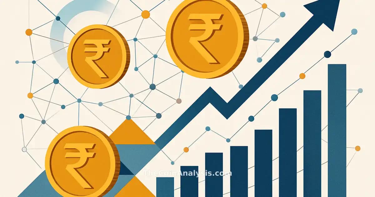 Abstract digital coins with rupee symbols, upward stock charts, and network lines symbolizing crypto growth in India