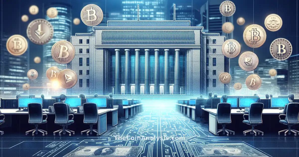 Bank of Korea headquarters with floating digital coins and currency icons in a modern newsroom setting