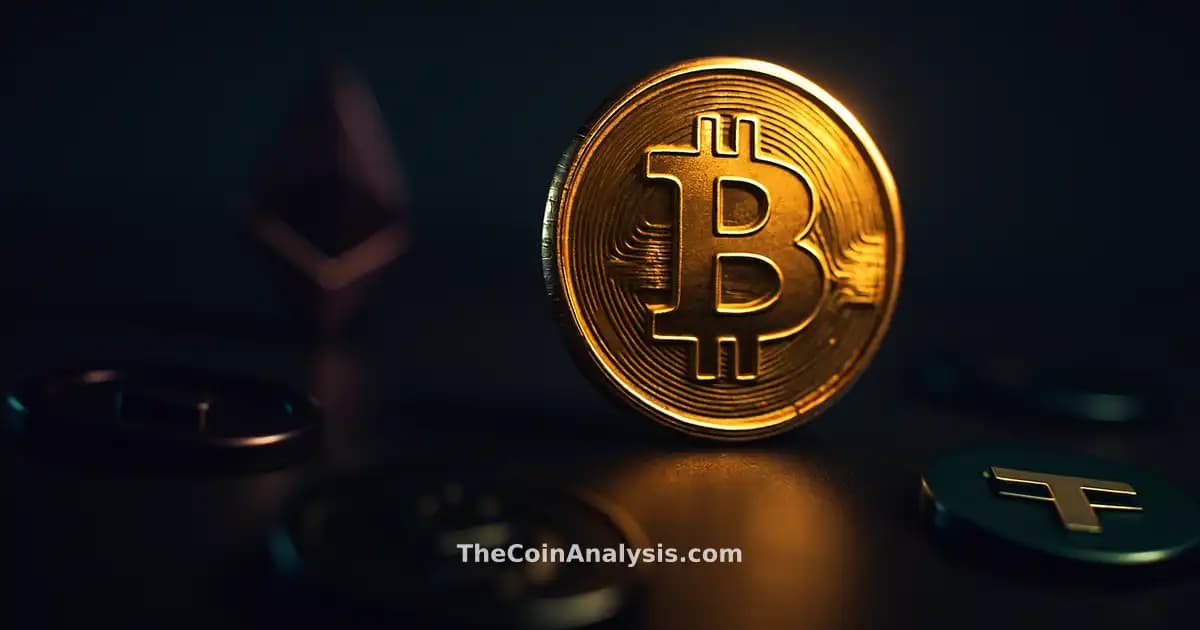 Golden Bitcoin coin with sharp rim lighting against a deep navy background and soft bokeh highlights