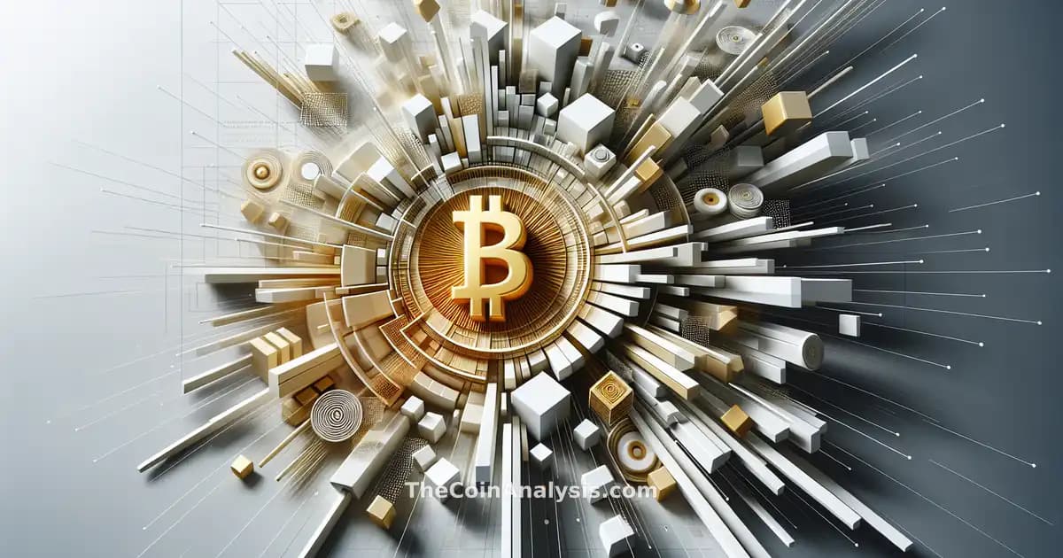 Abstract geometric shapes converging toward a glowing golden Bitcoin symbol symbolizing rapid accumulation and growth