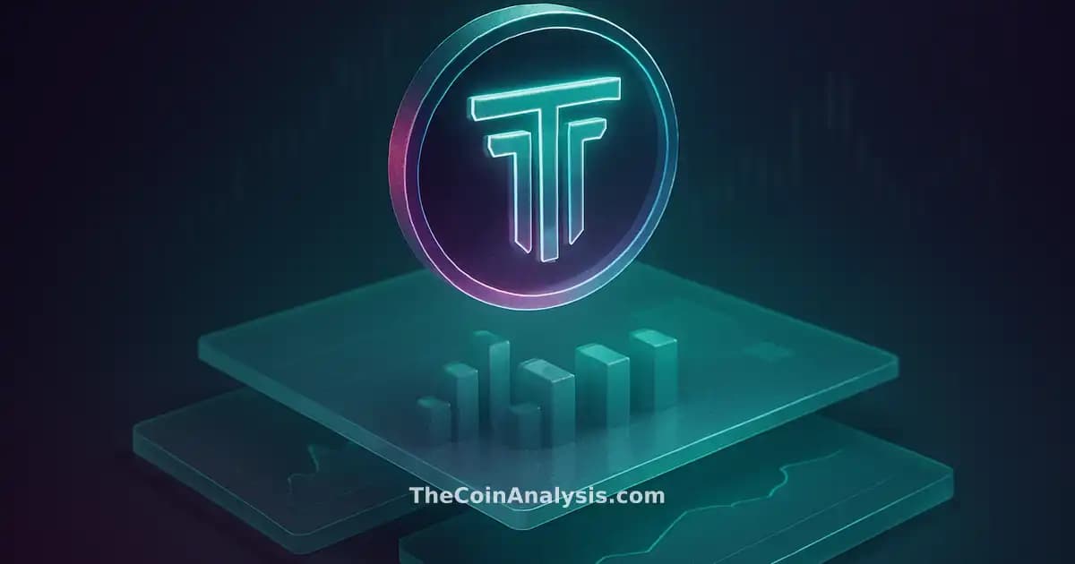 Luminous stylized TRUMP token floating above crystalline isometric charts with holographic accents and candle silhouettes