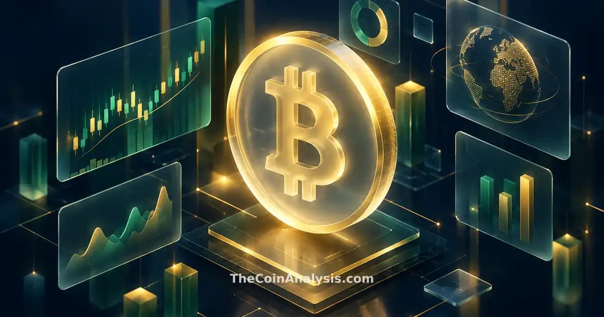Luminous frosted-glass Bitcoin coin with golden rim glowing amid floating isometric data panels on navy background