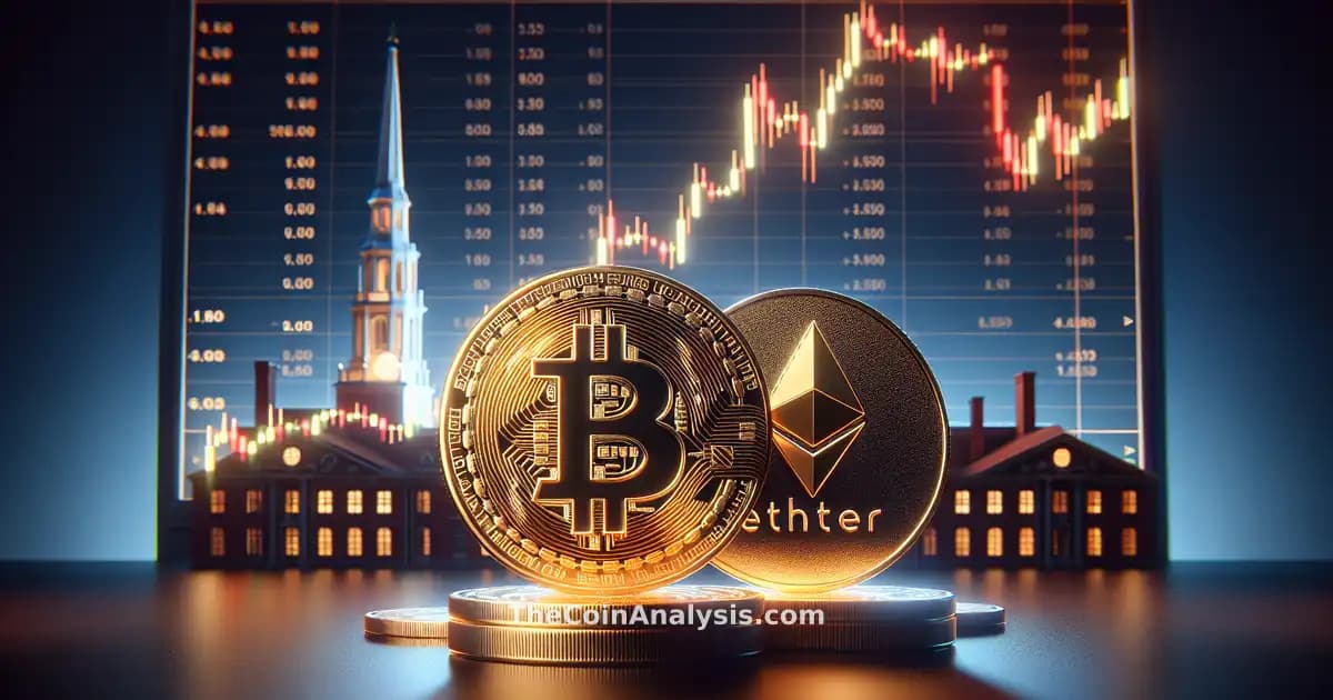 Pièces 3D brillantes de Bitcoin et Ether devant un graphique chandelier et la silhouette du campus Harvard.