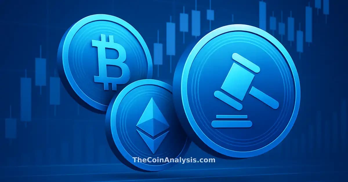Digital illustration of abstract crypto coins overlaid with blue candlestick charts symbolizing finance and regulation