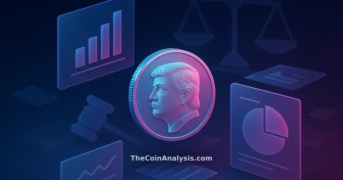 Pièce stylisée TRUMP flottant avec balances de justice géométriques et panneaux vitrés holographiques en bleu et magenta.